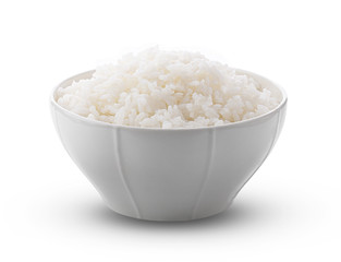 Cooked Jasmin Rice in white bowl on white background. full depth of field