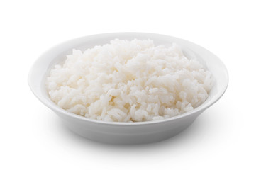 Cooked Jasmin Rice in white plate on white background