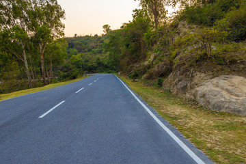 Lonely Road or Highway through trees during evening sunset.