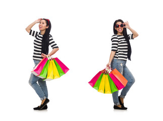 Woman with shopping bags isolated on white