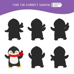Educational  game for children. Find the right shadow. Kids activity with cartoon cute penguin.