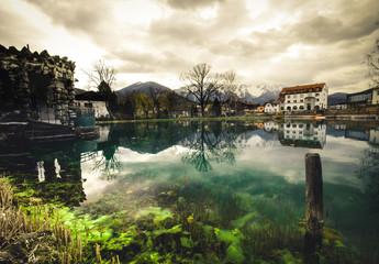 blue mountain lake with reflection in Puchberg am Schneeberg in lower Austria.
