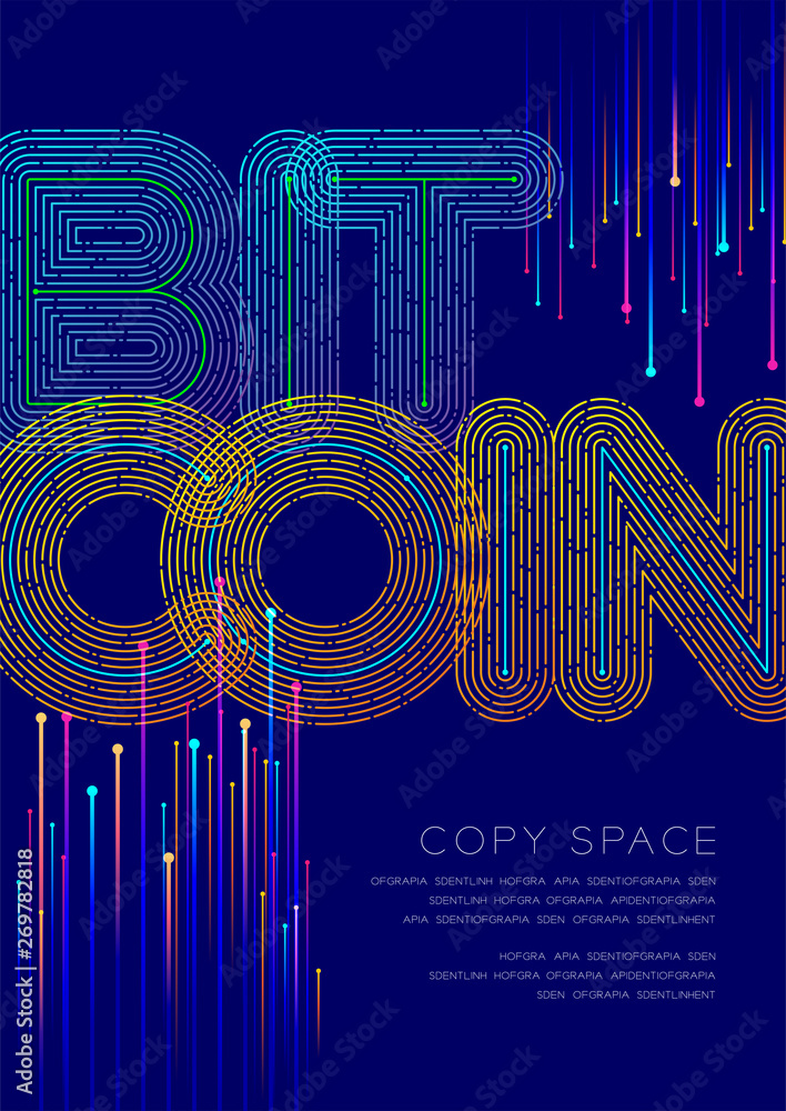 Poster bitcoin big text dot and dash line pattern layer overlay, poster banner or flyer template layout des