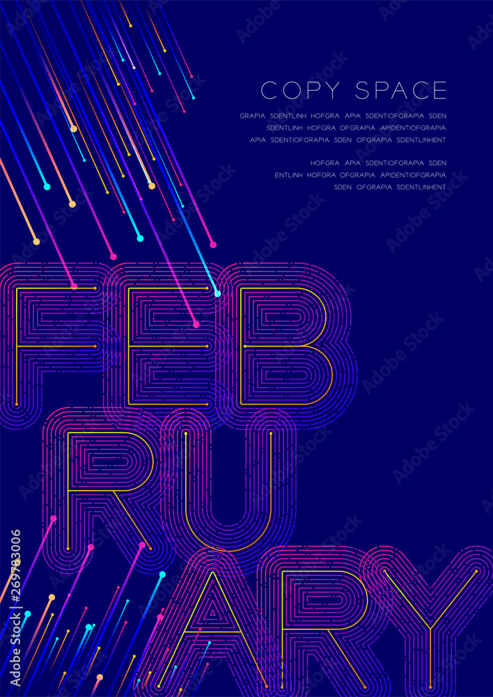 Poster february month big text dot and dash line pattern layer overlay, poster banner or flyer template lay
