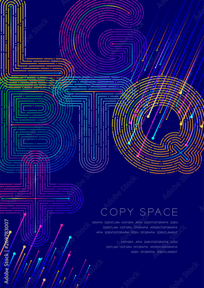 Poster lgbtq+ big text dot and dash line pattern layer overlay, poster banner or flyer template layout desi