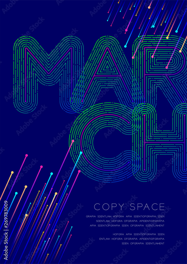 Poster march month big text dot and dash line pattern layer overlay, poster banner or flyer template layout