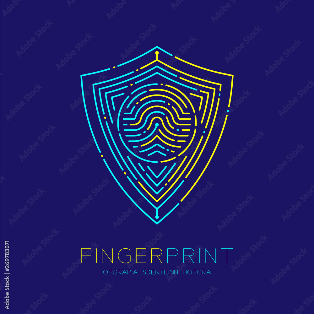 Aufkleber shield shape pattern fingerprint scan logo icon dash line, security privacy concept, editable stroke