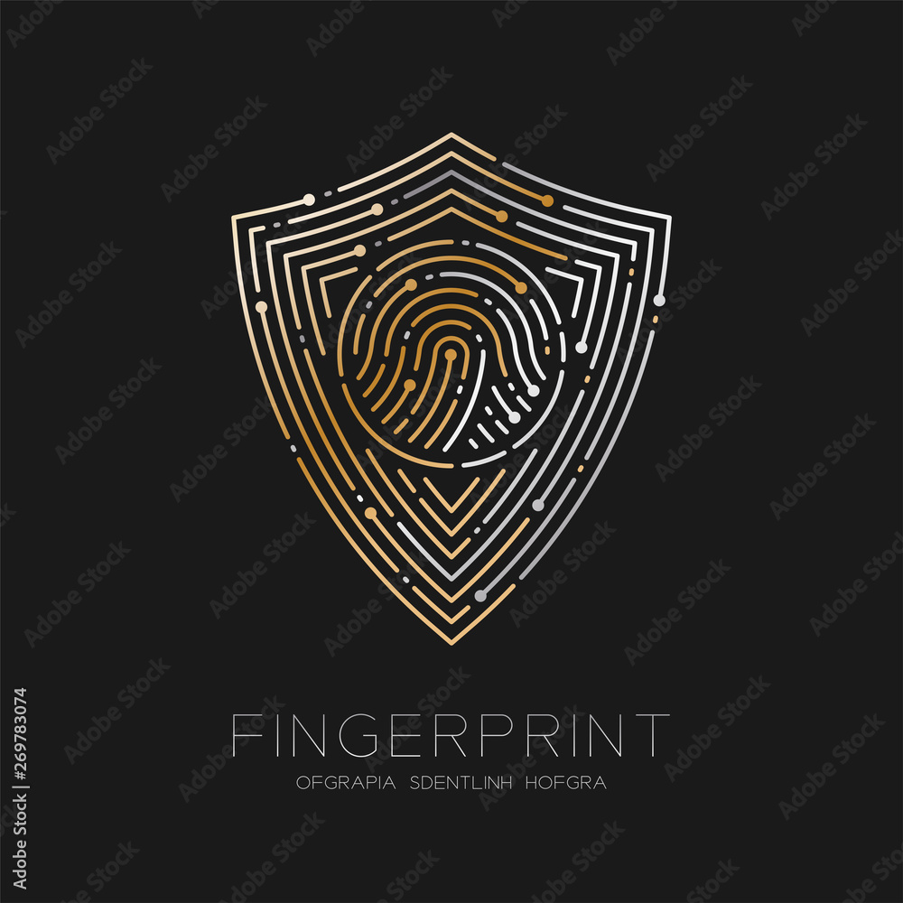 Aufkleber shield shape pattern fingerprint scan logo icon dash line, security privacy concept, editable stroke