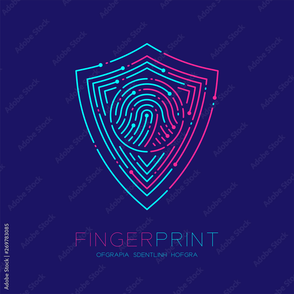 Poster shield shape pattern fingerprint scan logo icon dash line, security privacy concept, editable stroke