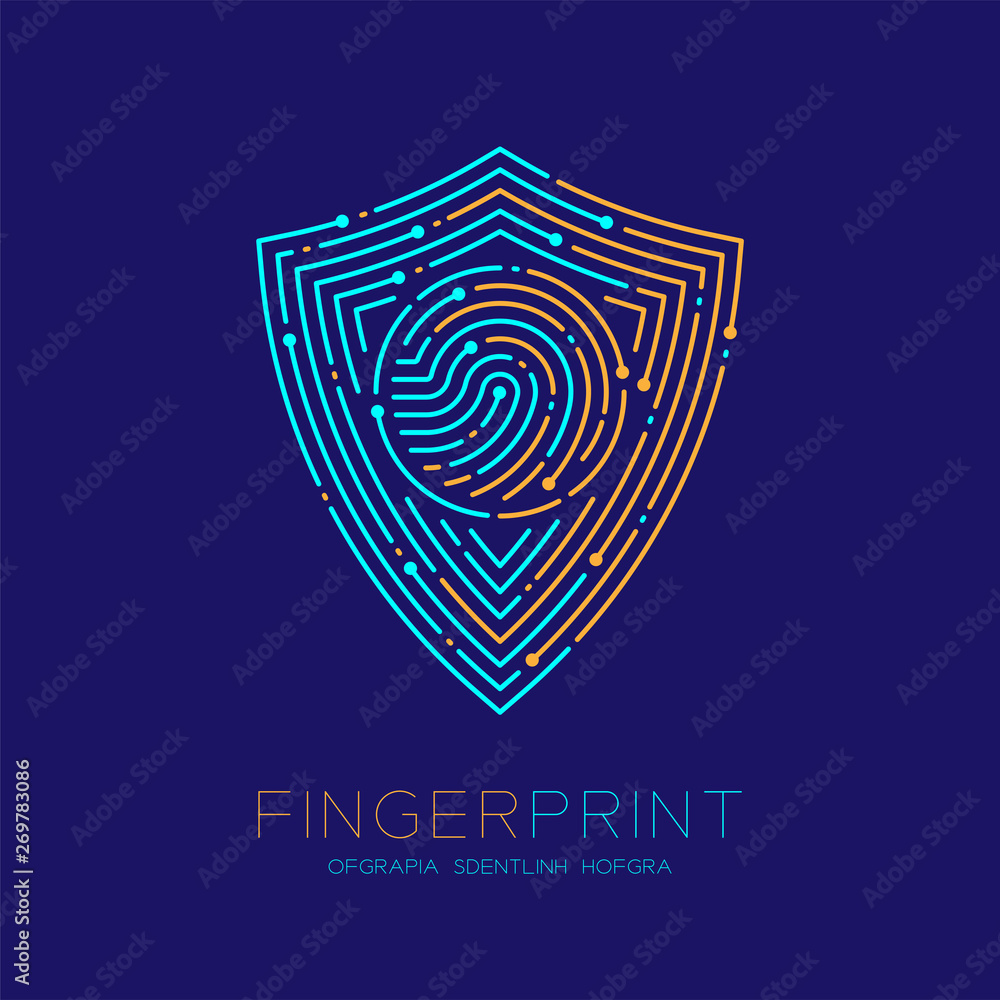 Aufkleber shield shape pattern fingerprint scan logo icon dash line, security privacy concept, editable stroke
