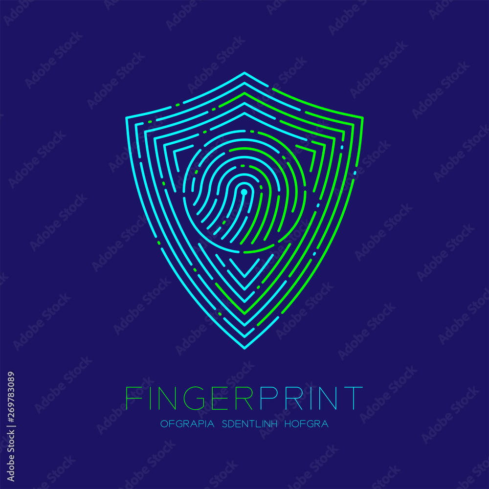 Aufkleber shield shape pattern fingerprint scan logo icon dash line, security privacy concept, editable stroke