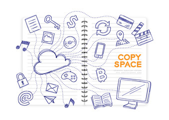 Notebook with kid hand drawing set, Cloud connect technology concept design illustration isolated on white background, with copy space