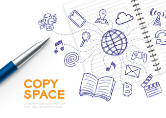 Notebook with kid hand drawing set, Internet network technology concept design illustration isolated on white background, with copy space