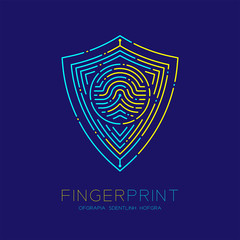 Shield shape pattern Fingerprint scan logo icon dash line, Security privacy concept, Editable stroke illustration blue and yellow isolated on blue background with Fingerprint text and space, vector