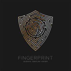 Shield shape pattern Fingerprint scan logo icon dash line, Security privacy concept, Editable stroke illustration gold and silver isolated on blue background with Fingerprint text and space, vector