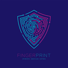 Shield shape pattern Fingerprint scan logo icon dash line, Security privacy concept, Editable stroke illustration blue and pink isolated on blue background with Fingerprint text and space, vector eps