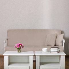Beige sofa with pillows in the living room and vase with Flowers (Michaelmas daisy, asters).