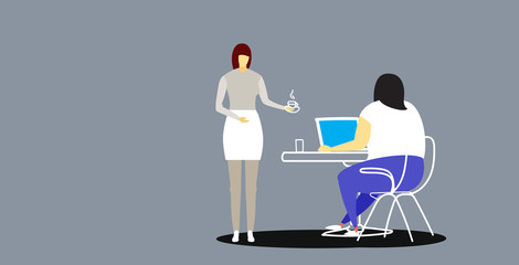 secretary bringing coffee to fat obese businesswoman boss sitting at workplace desk using laptop professional relationships business concept sketch full length horizontal