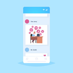 business woman sitting workplace businesswoman using laptop social media network chat bubble online communication concept smartphone screen mobile app flat full length