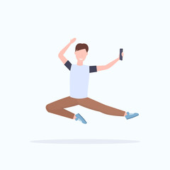 man taking selfie photo on smartphone camera casual male cartoon character jumping posing white background flat full length