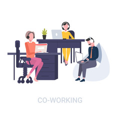 coworkers in headset operators sitting at workplace desks call center co-working concept open space flat white background full length