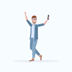 man taking selfie photo on smartphone camera casual male cartoon character posing white background flat full length