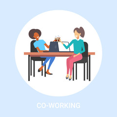 couple businesswomen colleagues discussing during coffee break mix race business women sitting at workplace communication co-working concept flat full length