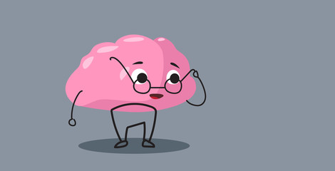 cute human brain organ pink cartoon character in round glasses education concept kawaii style horizontal