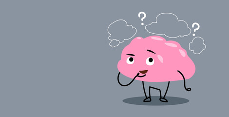 frustrated human brain organ thinking chat bubble question marks kawaii style pink cartoon character horizontal