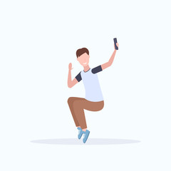 man taking selfie photo on smartphone camera casual male cartoon character posing white background flat full length