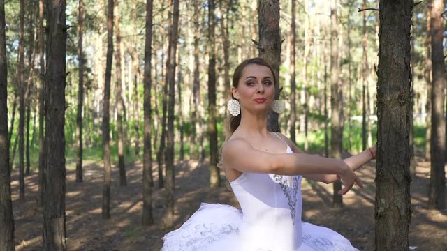 Skill attractive ballerina woman in tutu dancing in forest landscape. Sexy contemporary ballet dancer. Steady shot