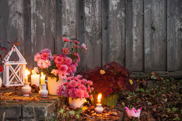 Fototapeta na wymiar chrysanthemums with burning candles in the autumn garden