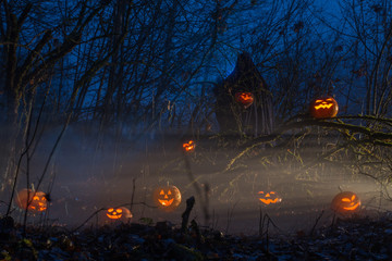 ghost with halloween pumpkins in night forest