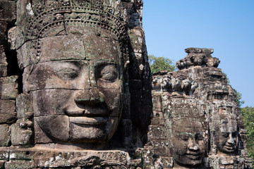 Fototapeta premium Triple Bayon faces in Bayon Temple, Siem Reap, Cambodai