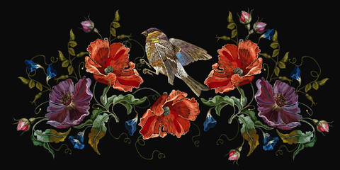 Embroidery violet flowers, red poppies and birds, spring art. Fashion template for clothes, textiles and t-shirt design