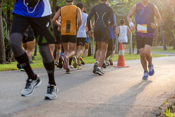 Fototapeta premium Selected focus group of marathon people jogging in the park in morning.