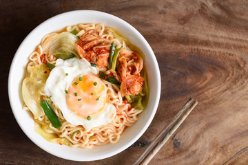 Kimchi noodle spicy soup with egg and vegetables, Korean food
