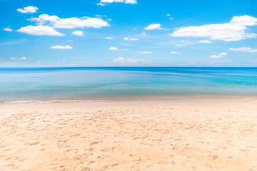 Fototapeta na wymiar Background, empty beach, horizon with sky and white sand beach. Background image. Travel and holiday ideas