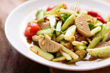 Spicy cucumber salad with steamed pork sausage, Thai food