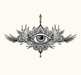 Abstract symbol of All-seeing Eye in Boho  Indian Asian Ethnic style for tattoo black on white for decoration T-shirt or for coloring page or adult coloring book. Concept magic occultism Esoteric