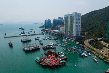 Drone fly over Hong Kong typhoon shelter in aberdeen