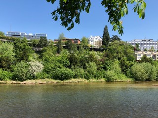 Walking trail in Sihlquai Street and along the Limmat River in the city of Zurich, Switzerland