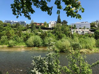 Walking trail in Sihlquai Street and along the Limmat River in the city of Zurich, Switzerland