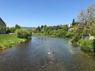 Walking trail in Sihlquai Street and along the Limmat River in the city of Zurich, Switzerland