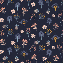 Floral meadow blue seamless vector pattern.