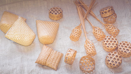 Set of Empty wicker basket on the table with a background in natural linen,Template mock up for display of product