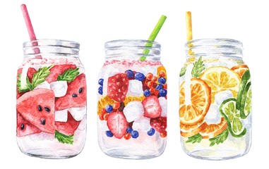 Hand drawn watercolor summer cocktails isolated on white background. Delicious food Illustration.
