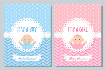 Baby card. Vector. Baby Shower boy, girl design invitation. Cute blue, pink banner. Birth party background. Happy greeting pastel poster. Welcome template invite with newborn kid. Cartoon illustration