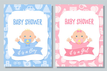 Baby Shower card. Vector. Baby boy, girl invite design. Pink, blue banner. Welcome template invitation Cute birth party background. Happy greeting poster with newborn kid. Cartoon flat illustration.