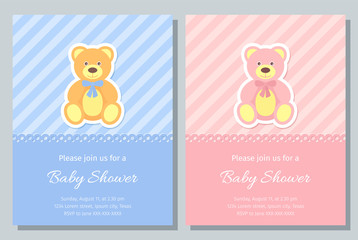 Obraz premium Baby Shower card. Vector. Baby boy, girl invite. Birth party background. Cute blue, pink design. Welcome template invitation banner. Happy greeting holiday poster with teddy bear. Flat illustration.